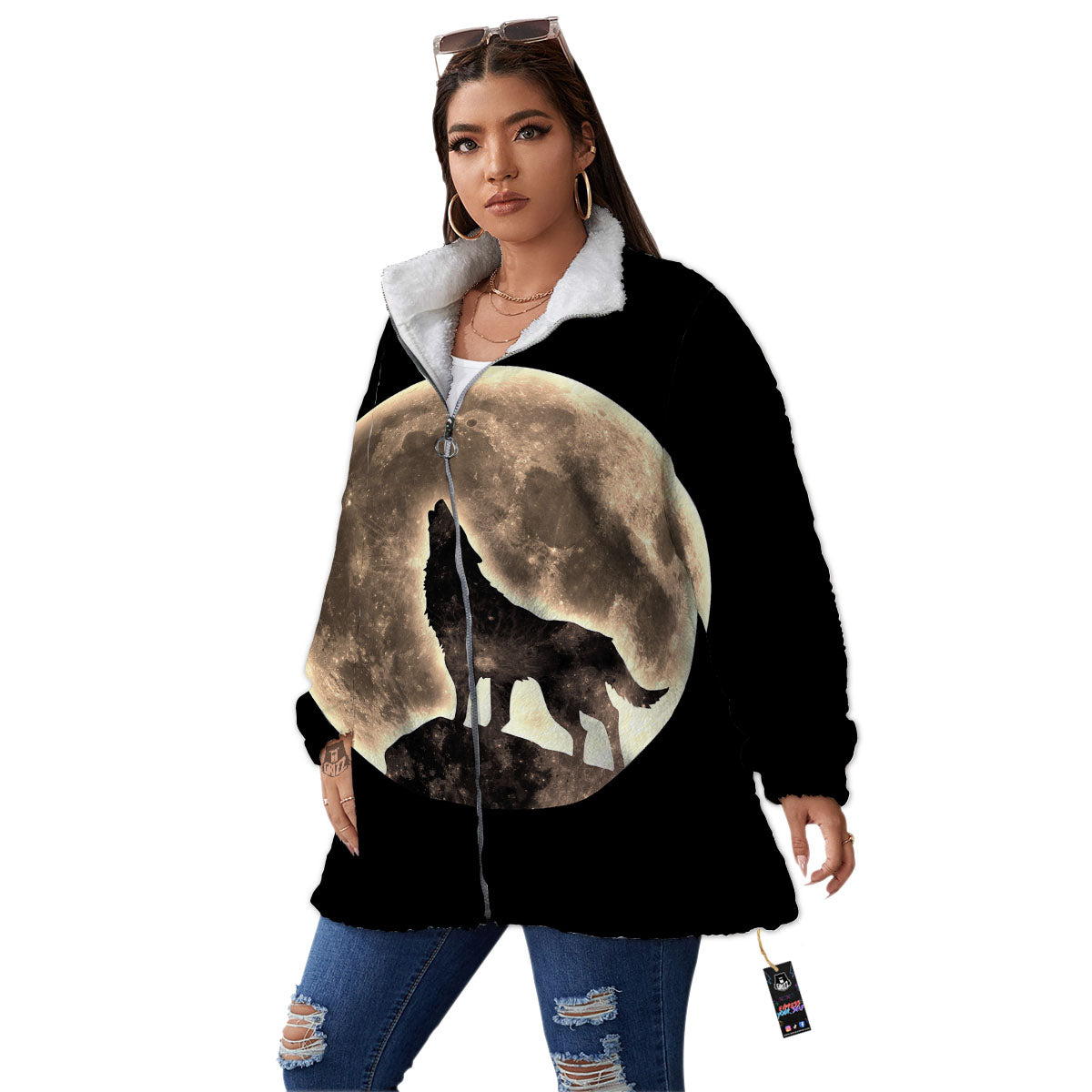 Howling Wolf Full Moon Print Women's Sherpa Jacket-grizzshop