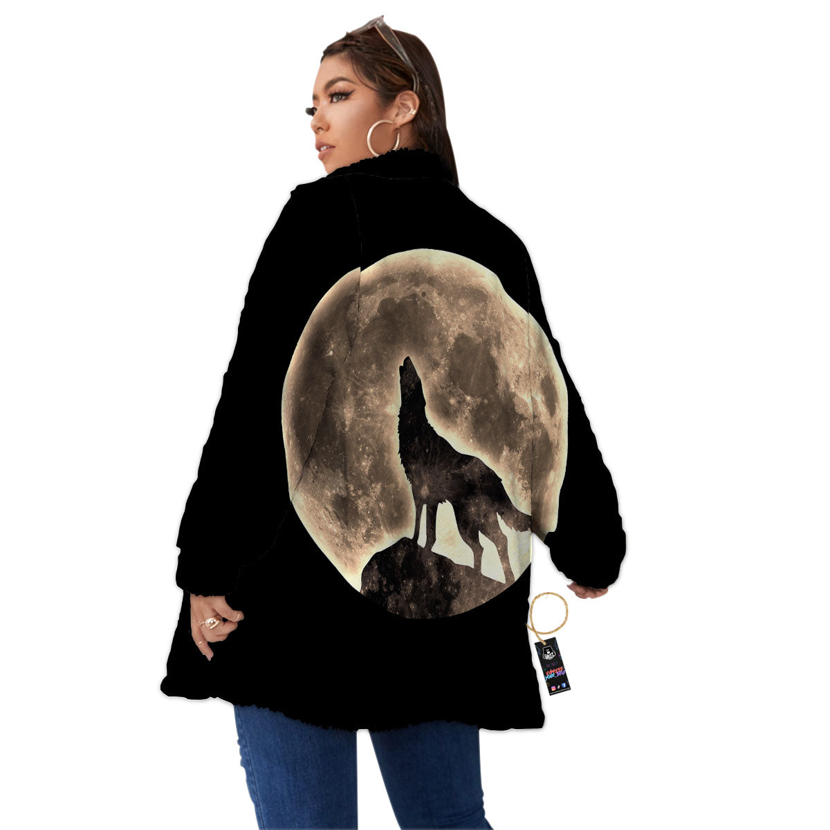 Howling Wolf Full Moon Print Women's Sherpa Jacket-grizzshop