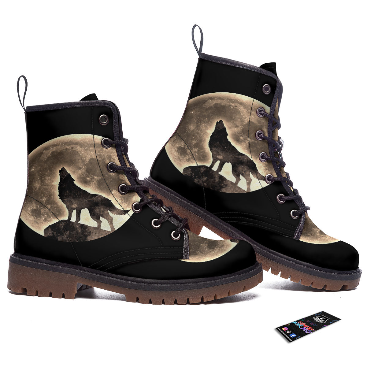 Howling Wolf Full Moon Print Work Boots-grizzshop
