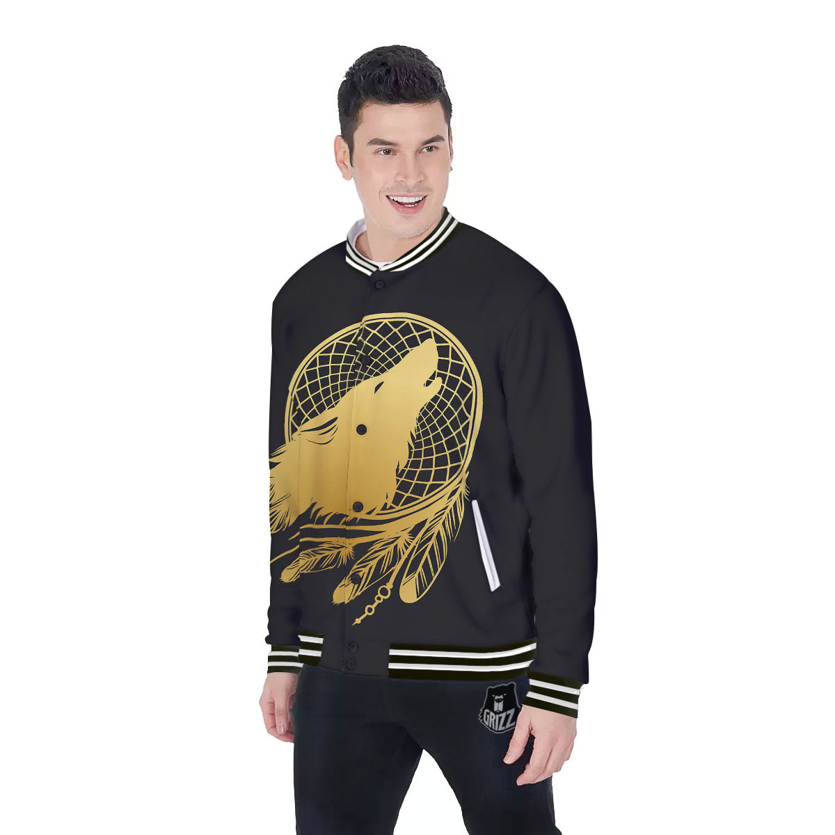 Howling Wolf Golden Bohemian Print Baseball Jacket-grizzshop
