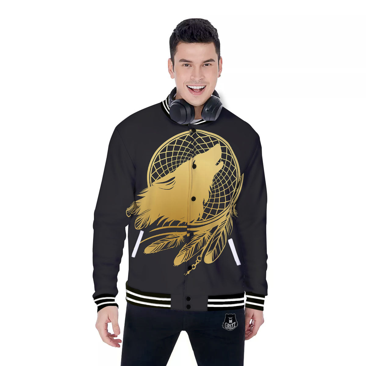 Howling Wolf Golden Bohemian Print Baseball Jacket-grizzshop