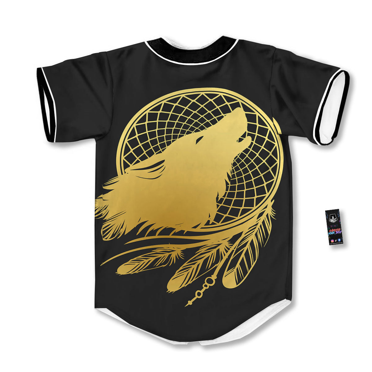 Howling Wolf Golden Bohemian Print Baseball Jersey-grizzshop