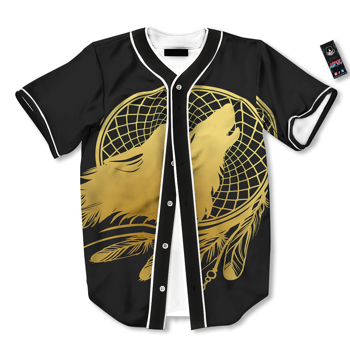 Howling Wolf Golden Bohemian Print Baseball Jersey-grizzshop