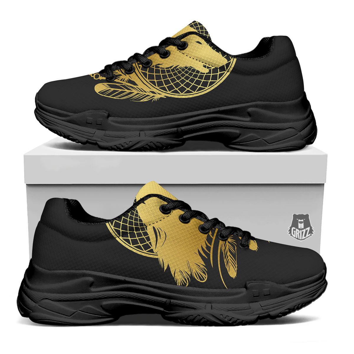 Howling Wolf Golden Bohemian Print Black Chunky Shoes-grizzshop