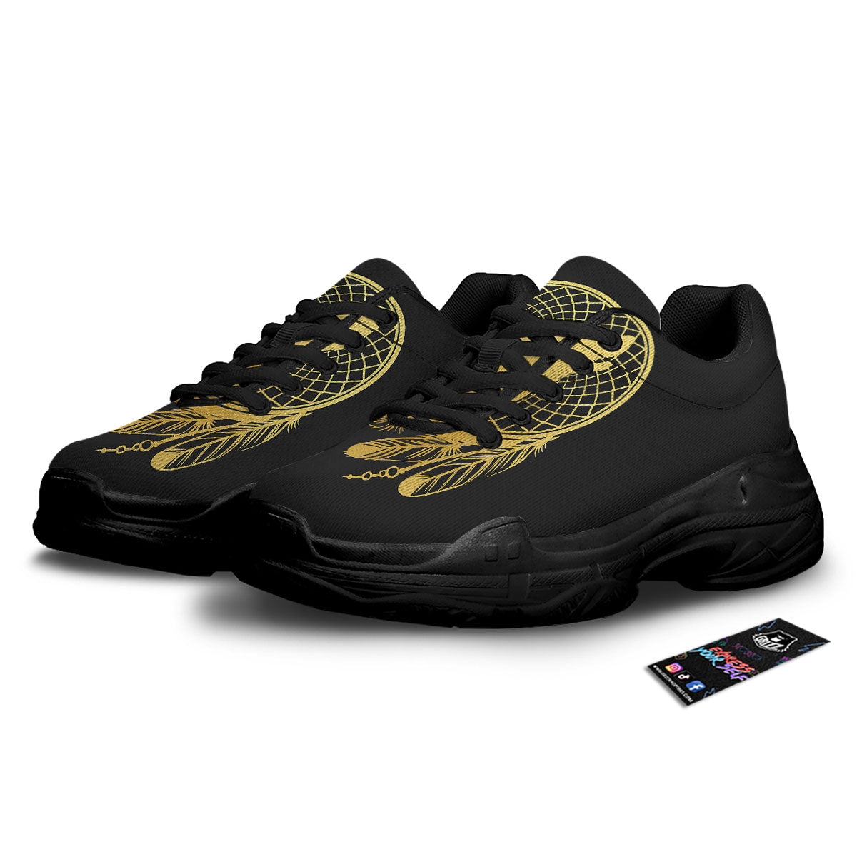 Howling Wolf Golden Bohemian Print Black Chunky Shoes-grizzshop