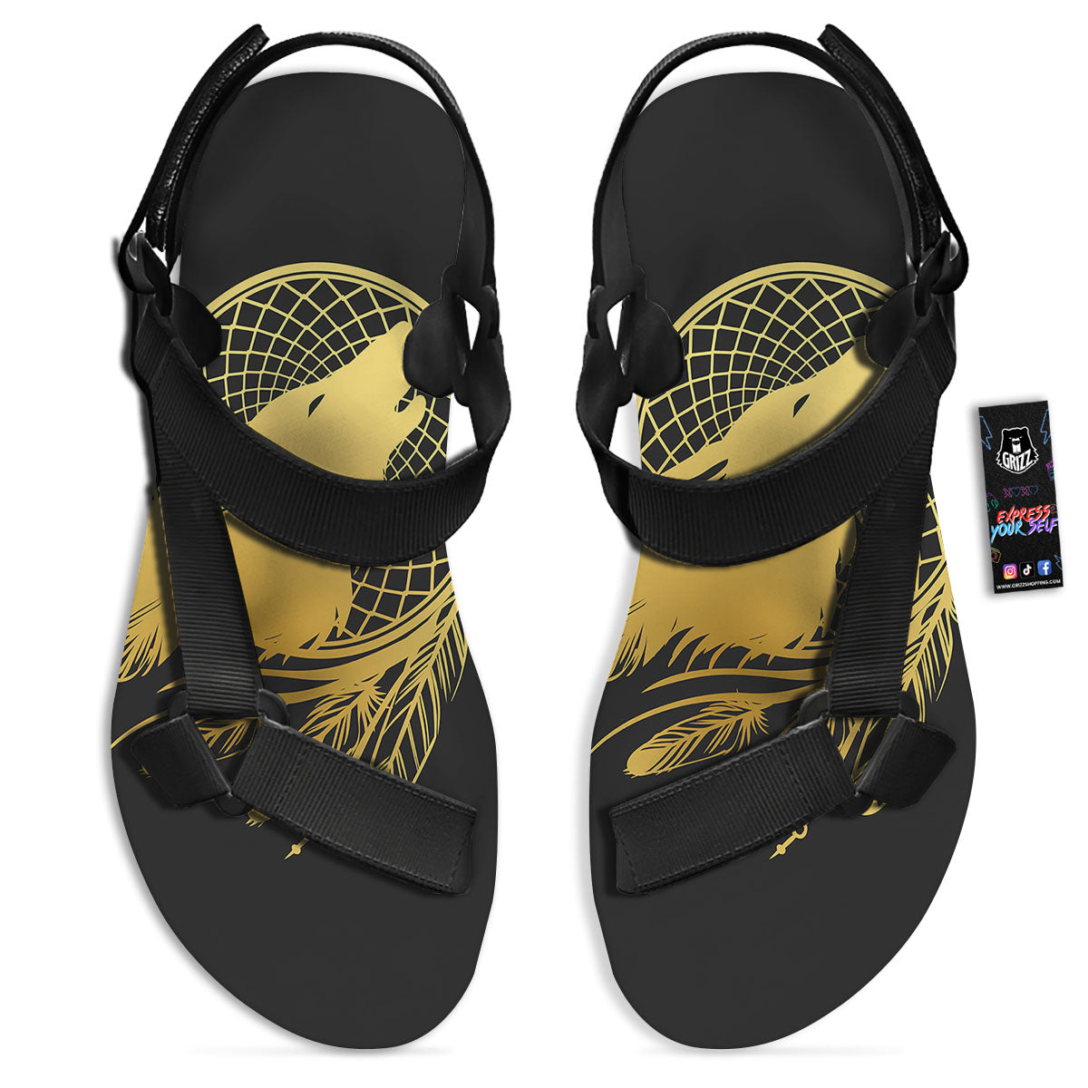 Howling Wolf Golden Bohemian Print Black Open Toe Sandals-grizzshop