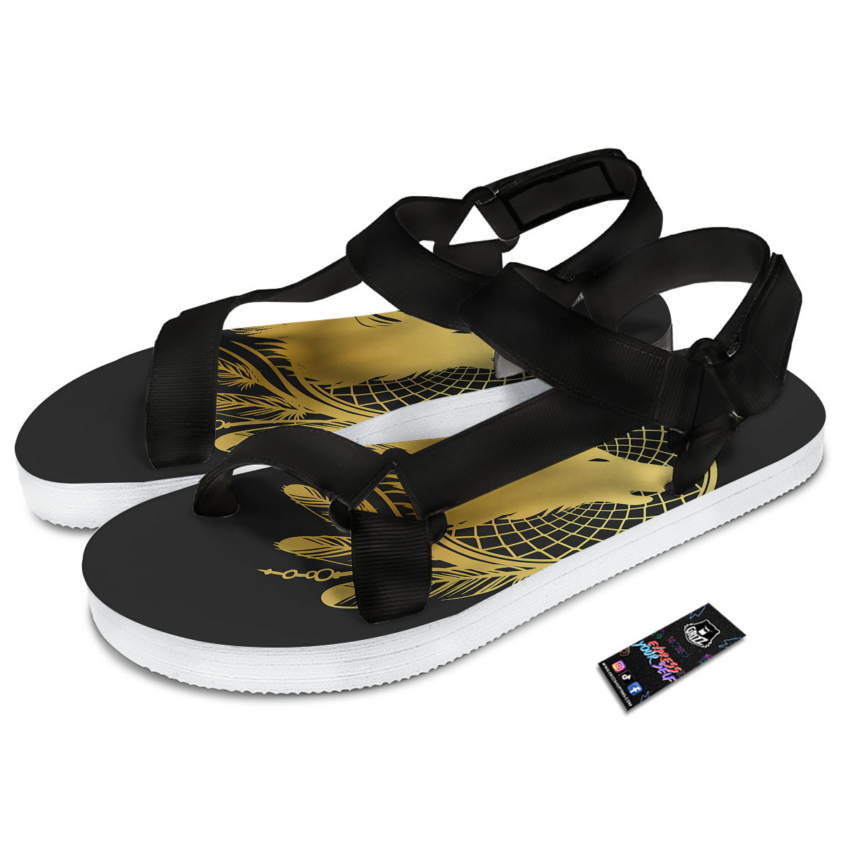 Howling Wolf Golden Bohemian Print Black Open Toe Sandals-grizzshop