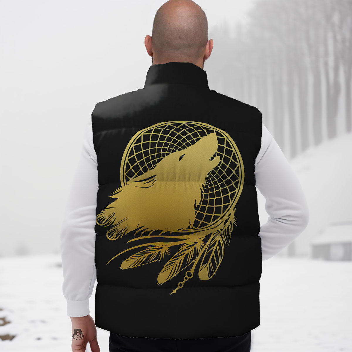 Howling Wolf Golden Bohemian Print Down Vest