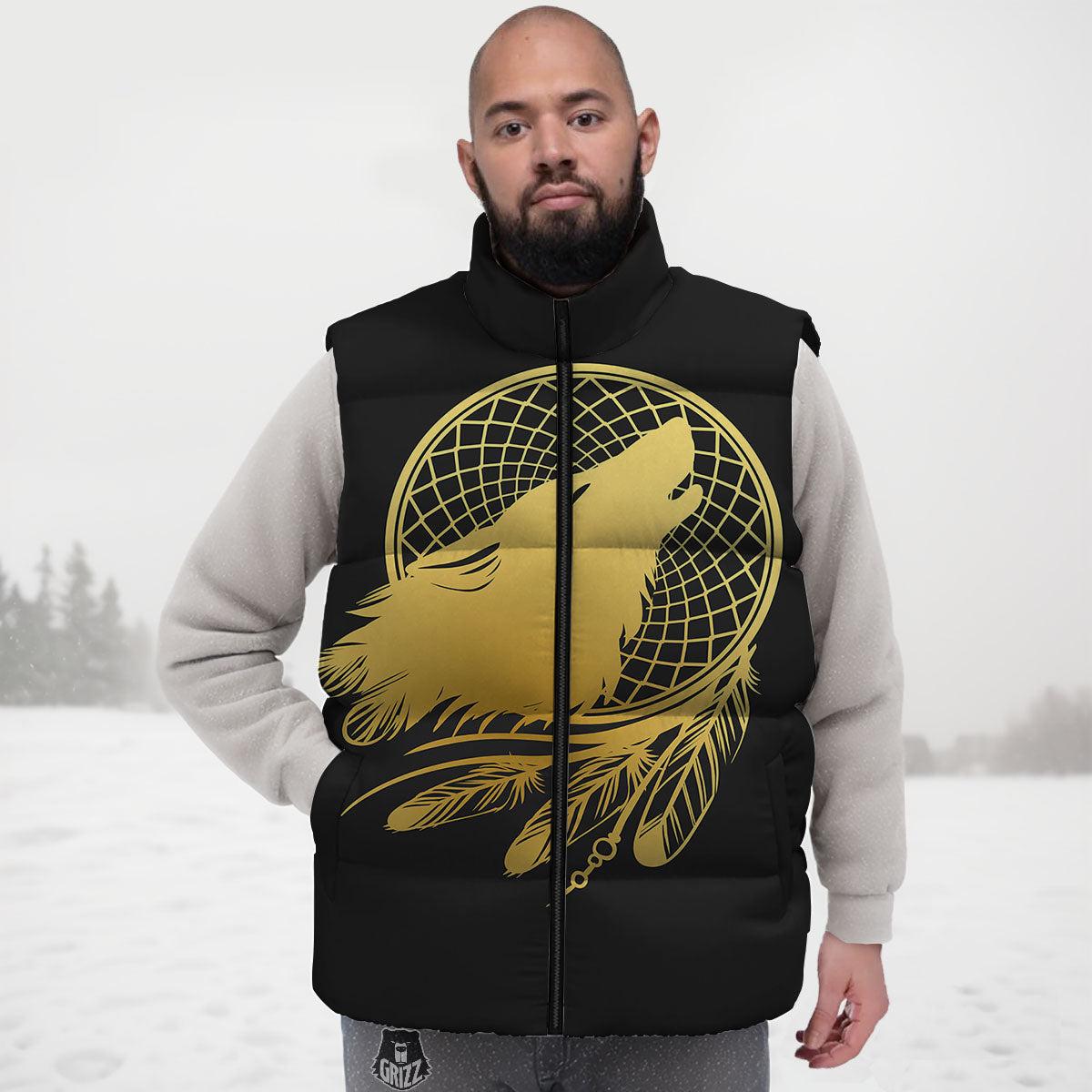 Howling Wolf Golden Bohemian Print Down Vest