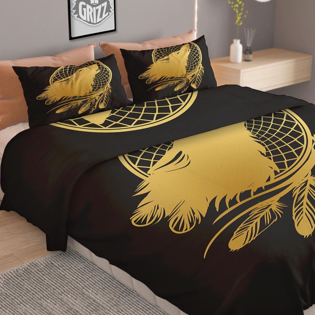 Howling Wolf Golden Bohemian Print Duvet Cover Bedding Set