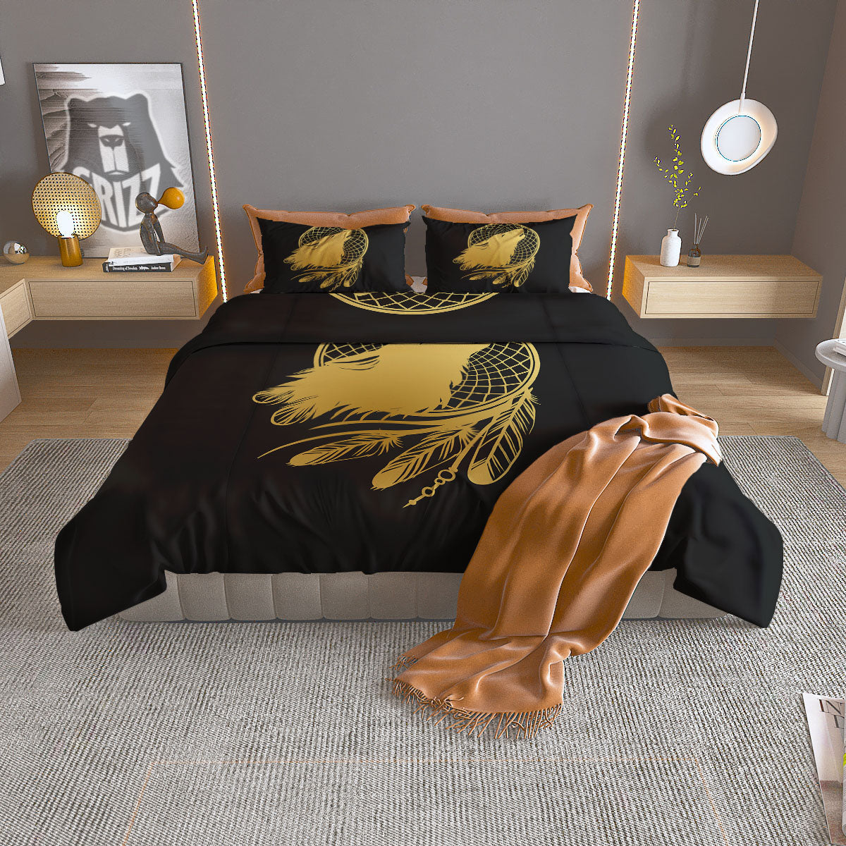 Howling Wolf Golden Bohemian Print Duvet Cover Bedding Set