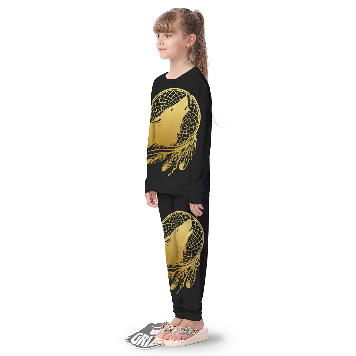 Howling Wolf Golden Bohemian Print Kid's Pajamas-grizzshop