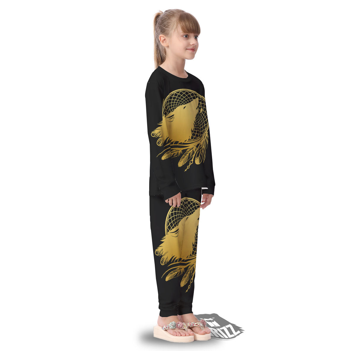 Howling Wolf Golden Bohemian Print Kid's Pajamas-grizzshop