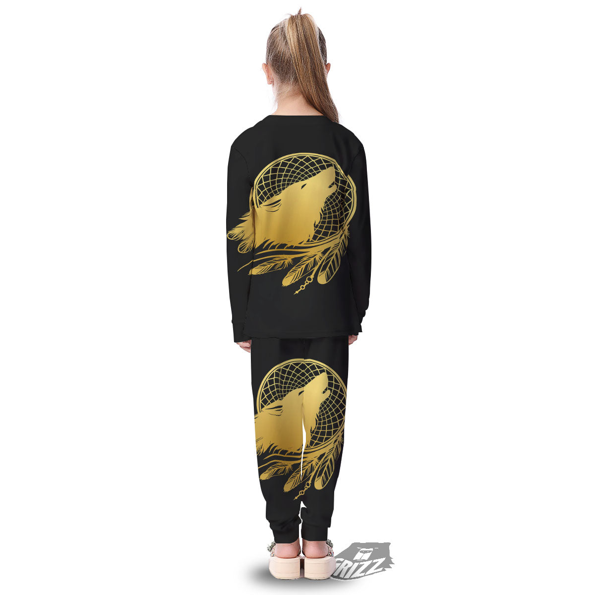 Howling Wolf Golden Bohemian Print Kid's Pajamas-grizzshop