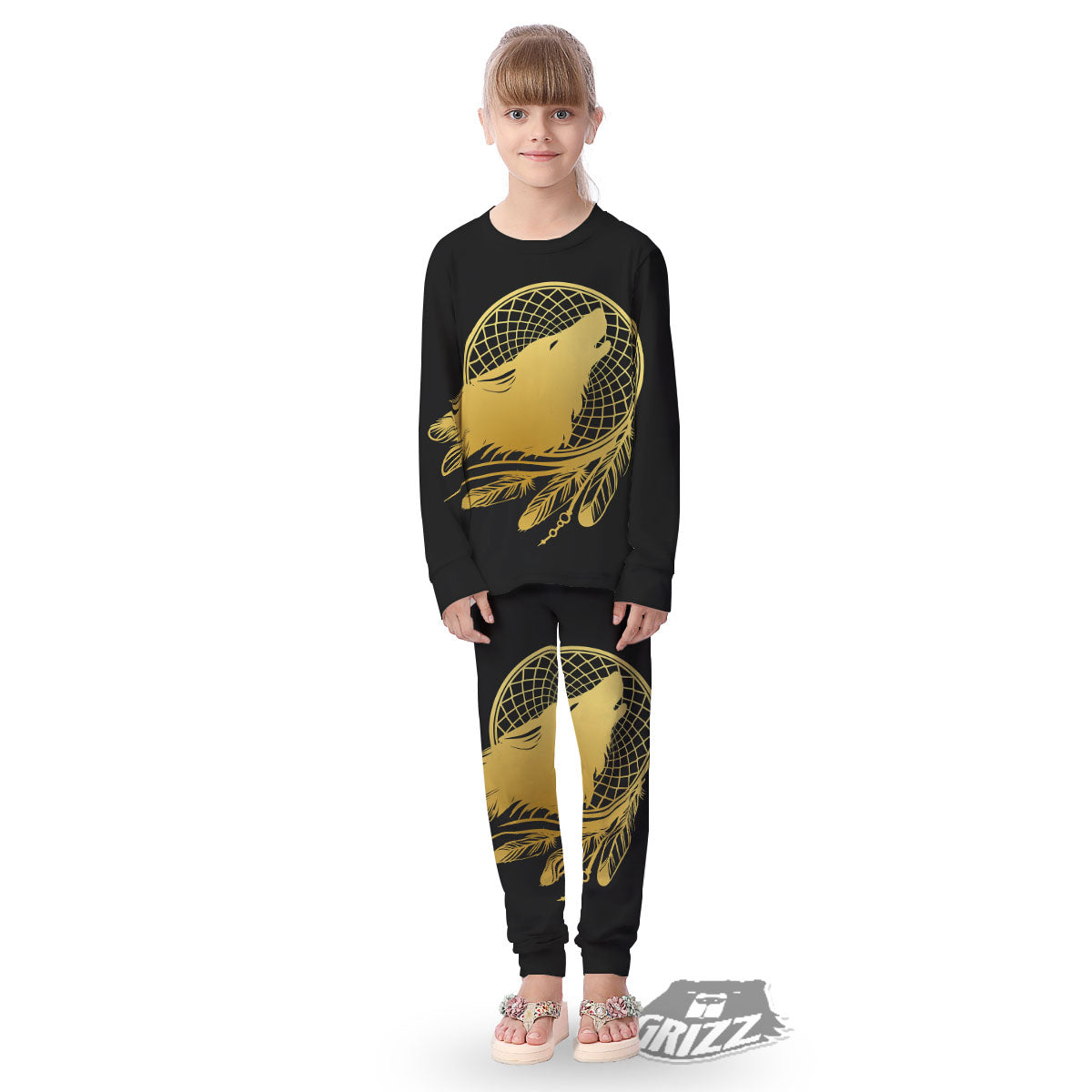Howling Wolf Golden Bohemian Print Kid's Pajamas-grizzshop