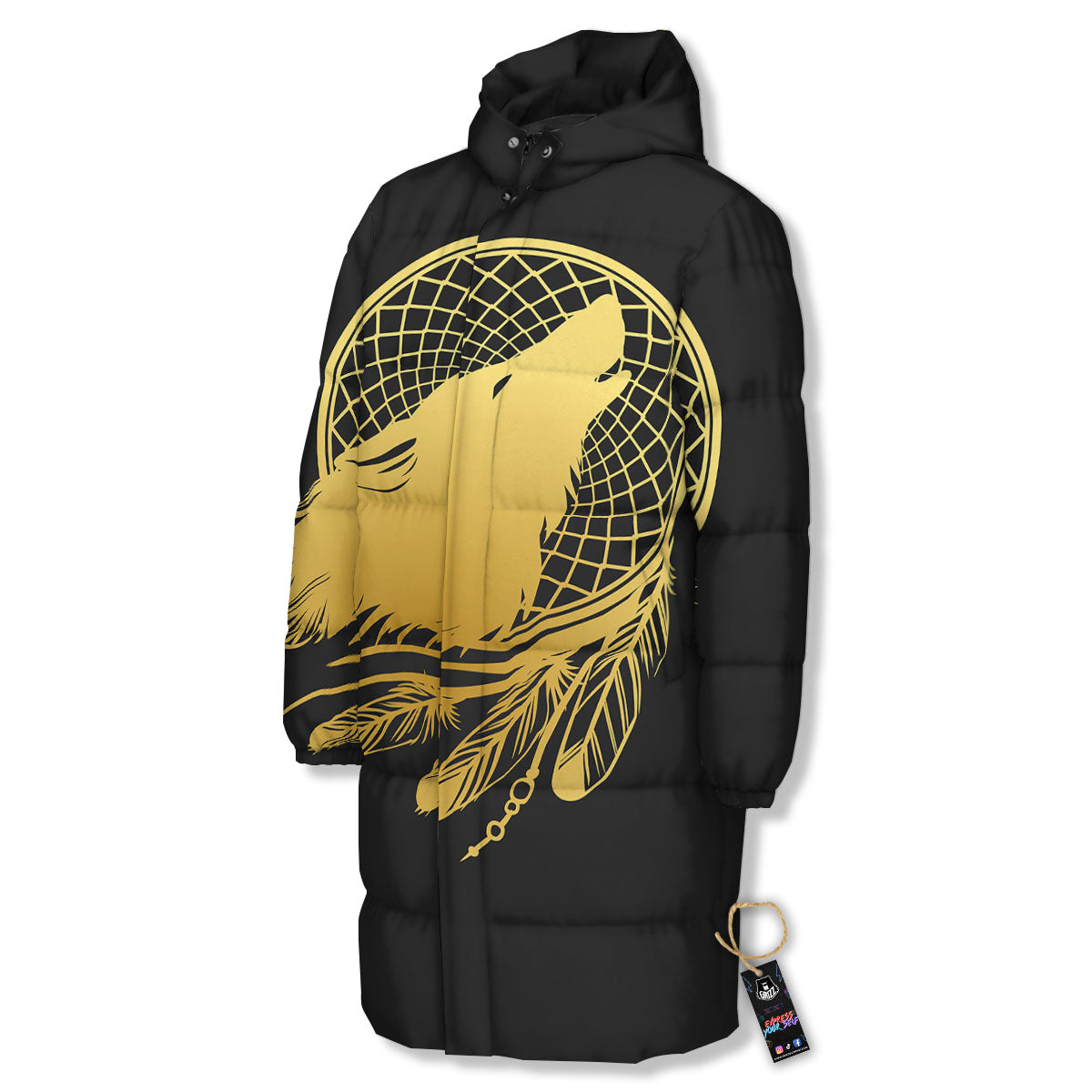 Howling Wolf Golden Bohemian Print Long Down Jacket-grizzshop