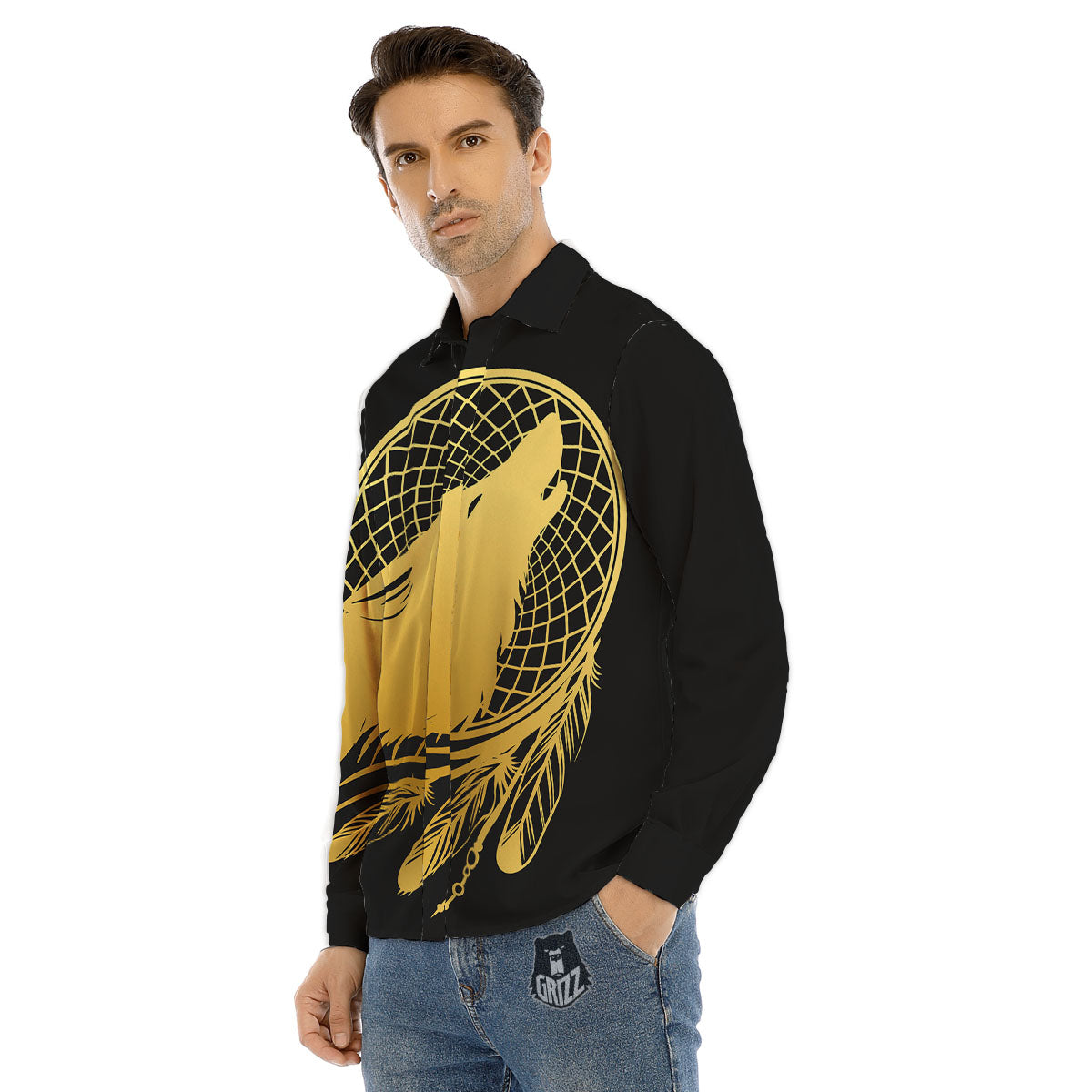 Howling Wolf Golden Bohemian Print Men's Dress Shirts-grizzshop