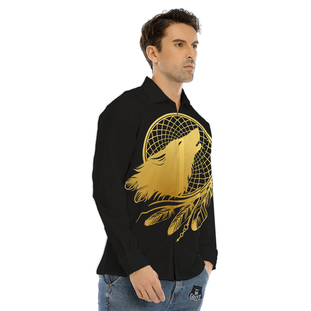 Howling Wolf Golden Bohemian Print Men's Dress Shirts-grizzshop