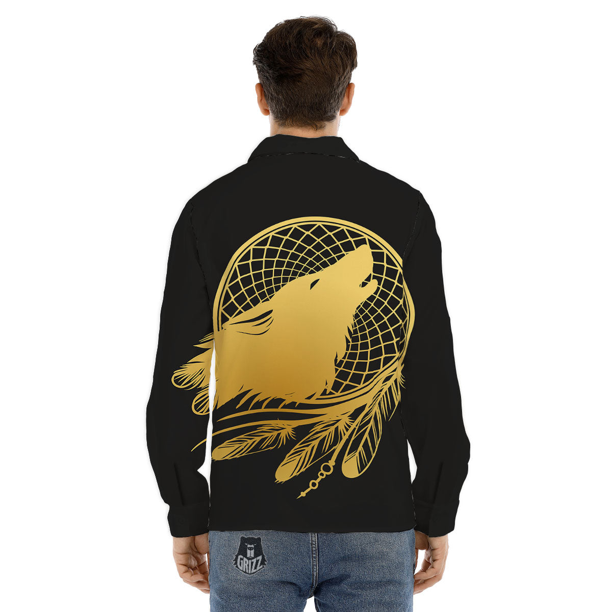 Howling Wolf Golden Bohemian Print Men's Dress Shirts-grizzshop