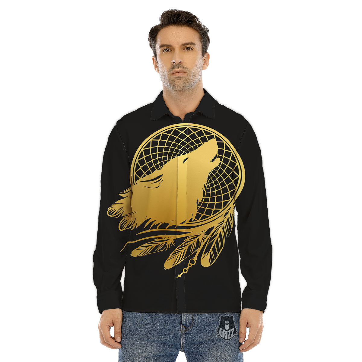 Howling Wolf Golden Bohemian Print Men's Dress Shirts-grizzshop