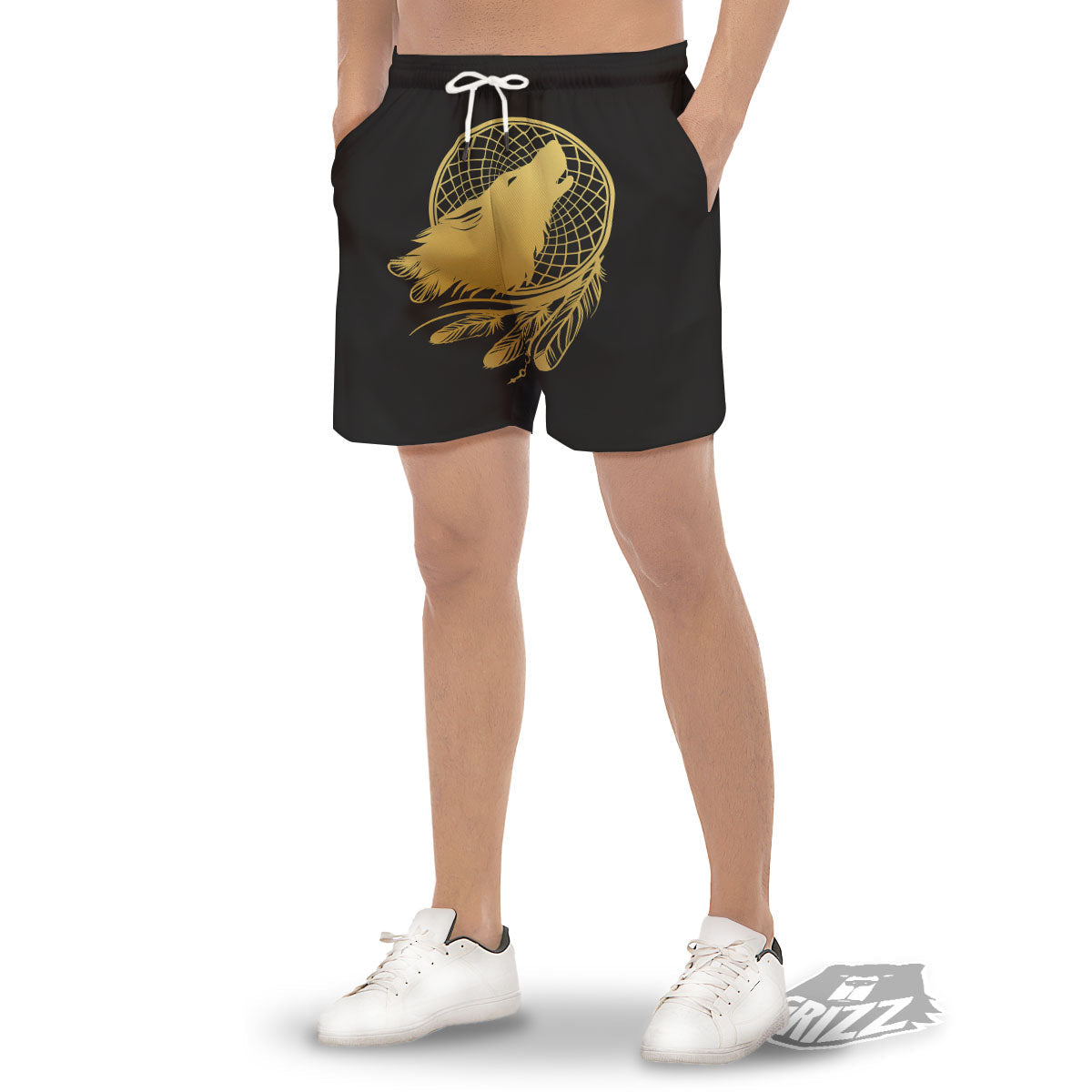 Howling Wolf Golden Bohemian Print Men's Gym Shorts-grizzshop