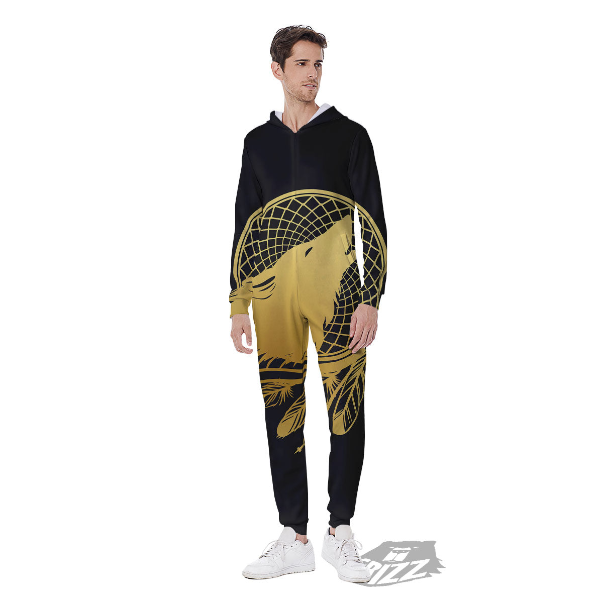 Howling Wolf Golden Bohemian Print Men's Jumpsuit-grizzshop