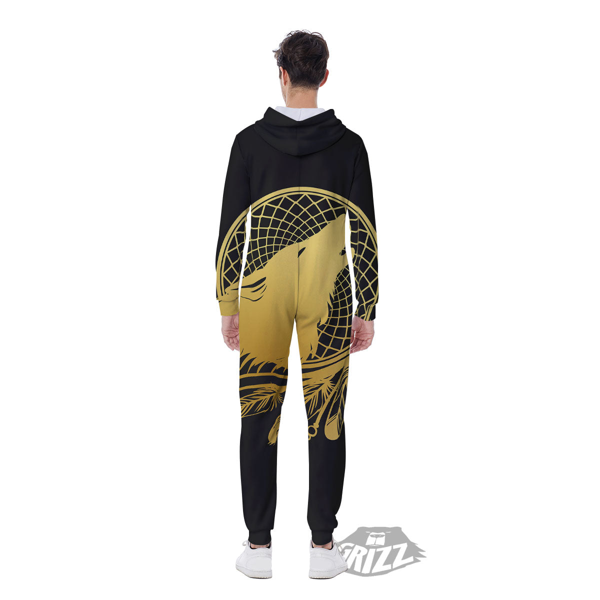 Howling Wolf Golden Bohemian Print Men's Jumpsuit-grizzshop
