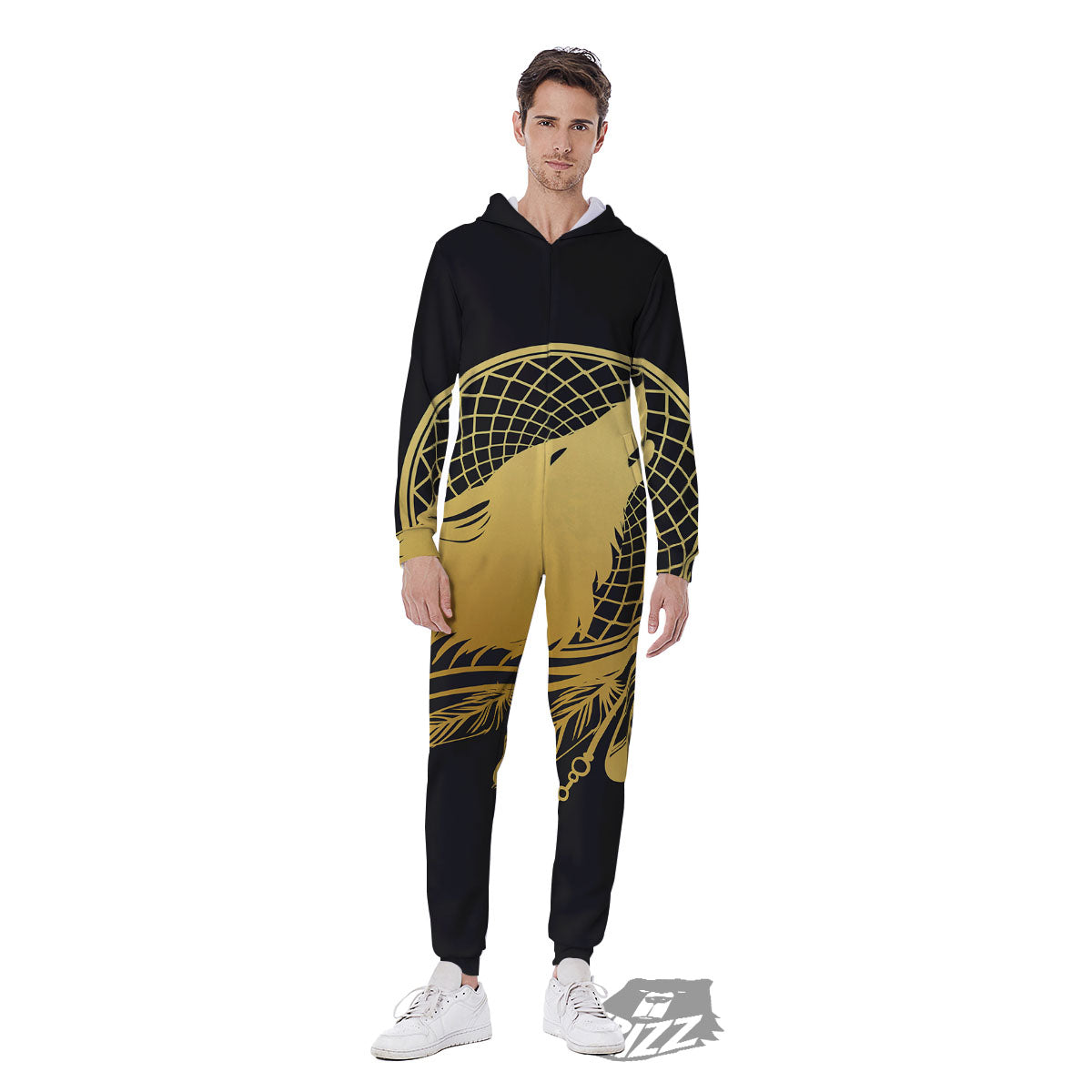 Howling Wolf Golden Bohemian Print Men's Jumpsuit-grizzshop