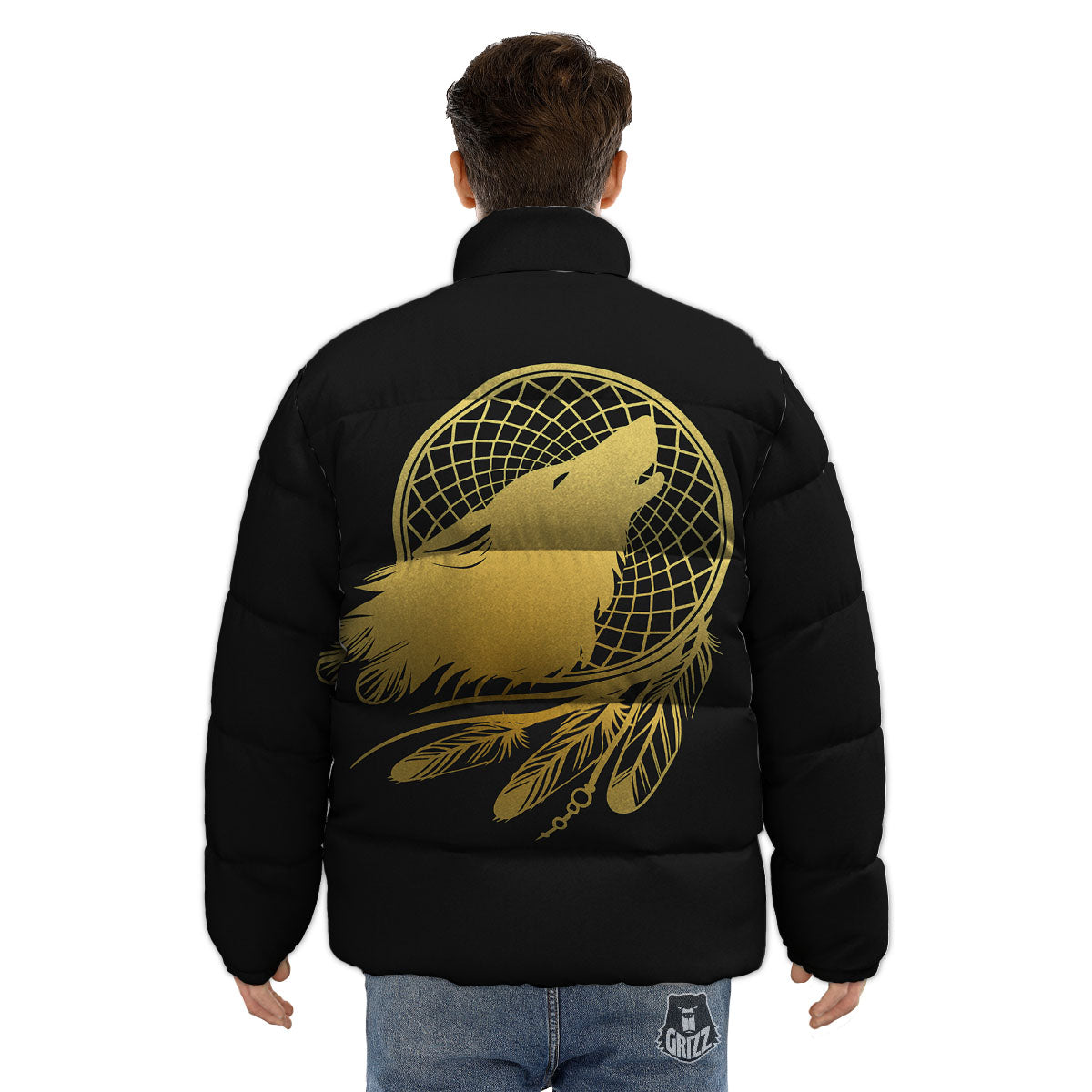 Howling Wolf Golden Bohemian Print Puffer Jacket-grizzshop