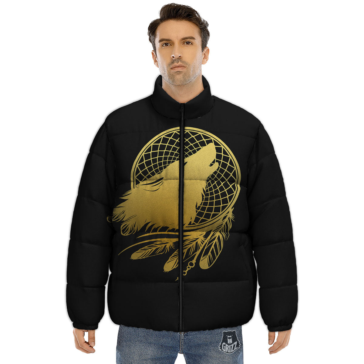 Howling Wolf Golden Bohemian Print Puffer Jacket-grizzshop
