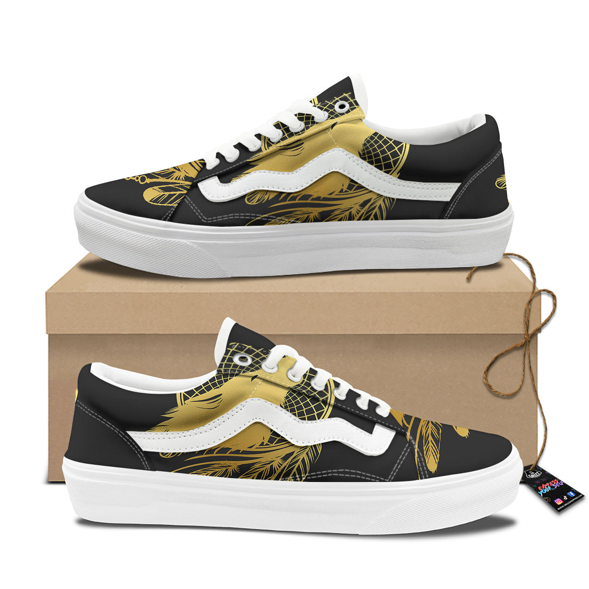 Howling Wolf Golden Bohemian Print Skate Shoes-grizzshop
