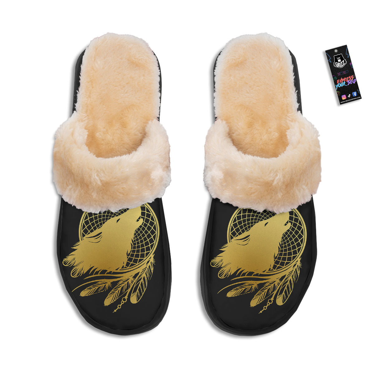 Howling Wolf Golden Bohemian Print Slippers-grizzshop