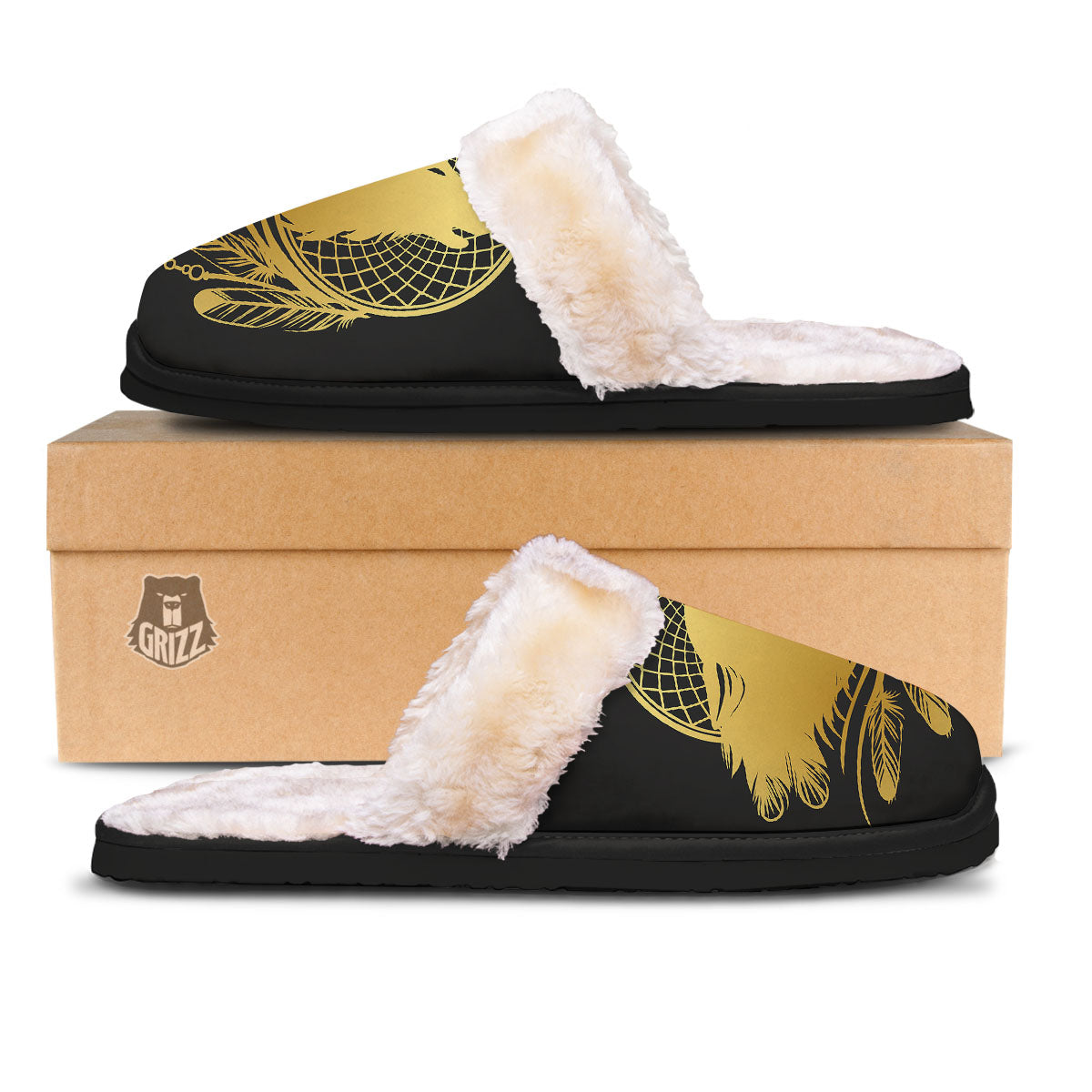 Howling Wolf Golden Bohemian Print Slippers-grizzshop