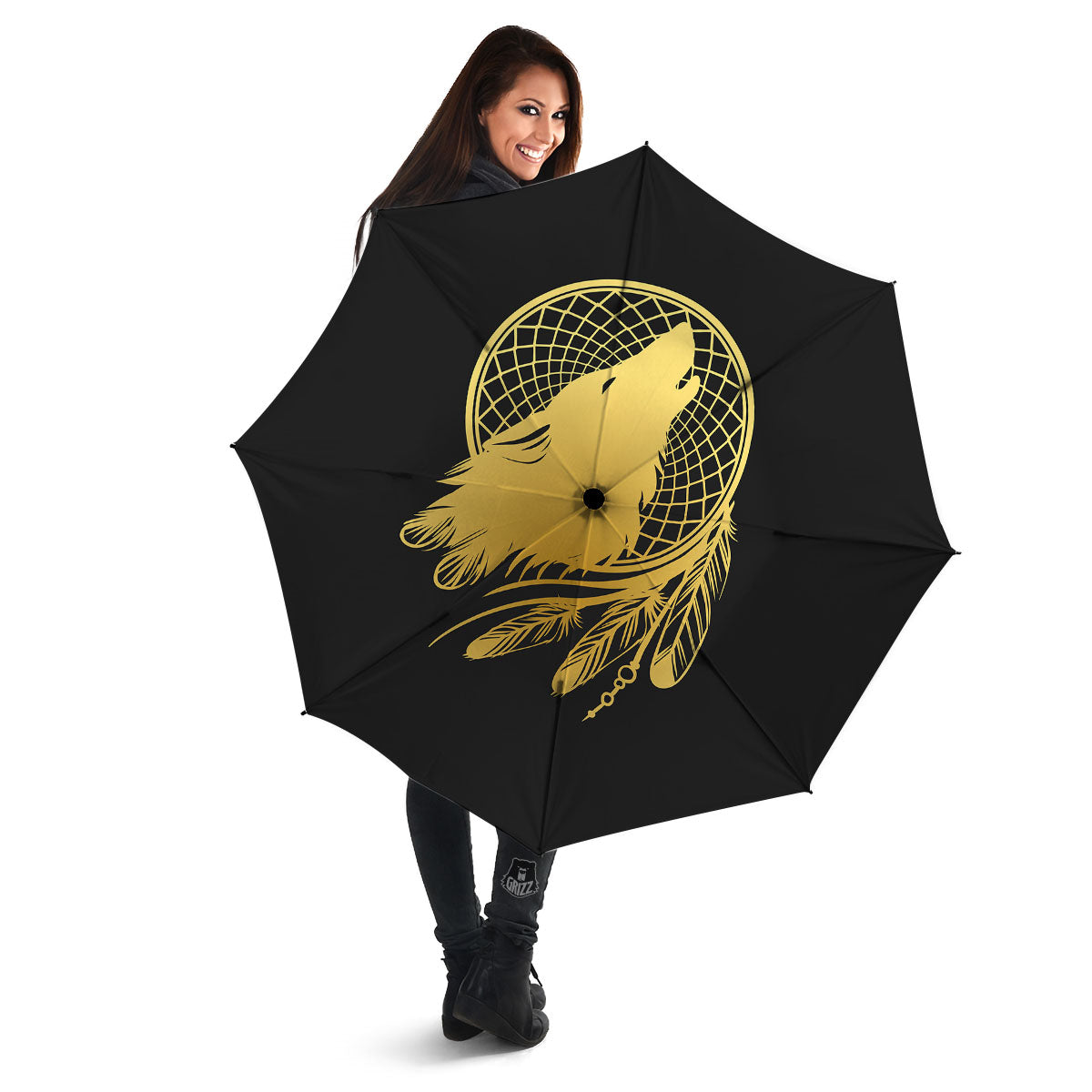 Howling Wolf Golden Bohemian Print Umbrella-grizzshop