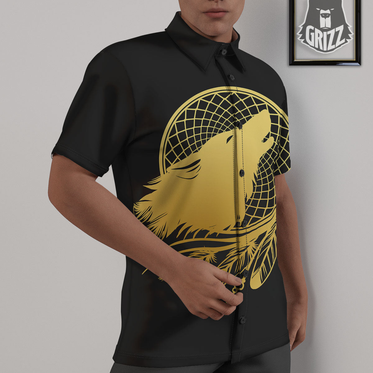 Howling Wolf Golden Bohemian Print Untucked Shirts-grizzshop