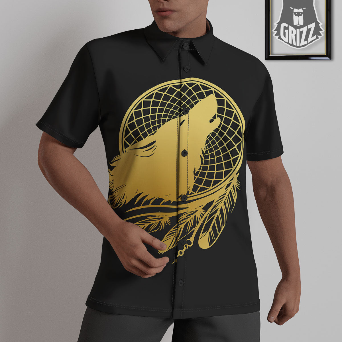 Howling Wolf Golden Bohemian Print Untucked Shirts-grizzshop