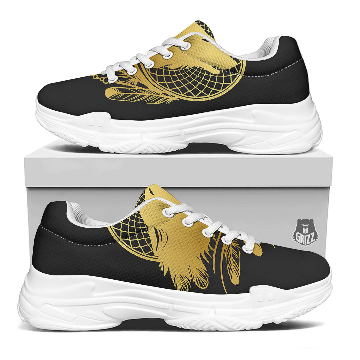 Howling Wolf Golden Bohemian Print White Chunky Shoes-grizzshop