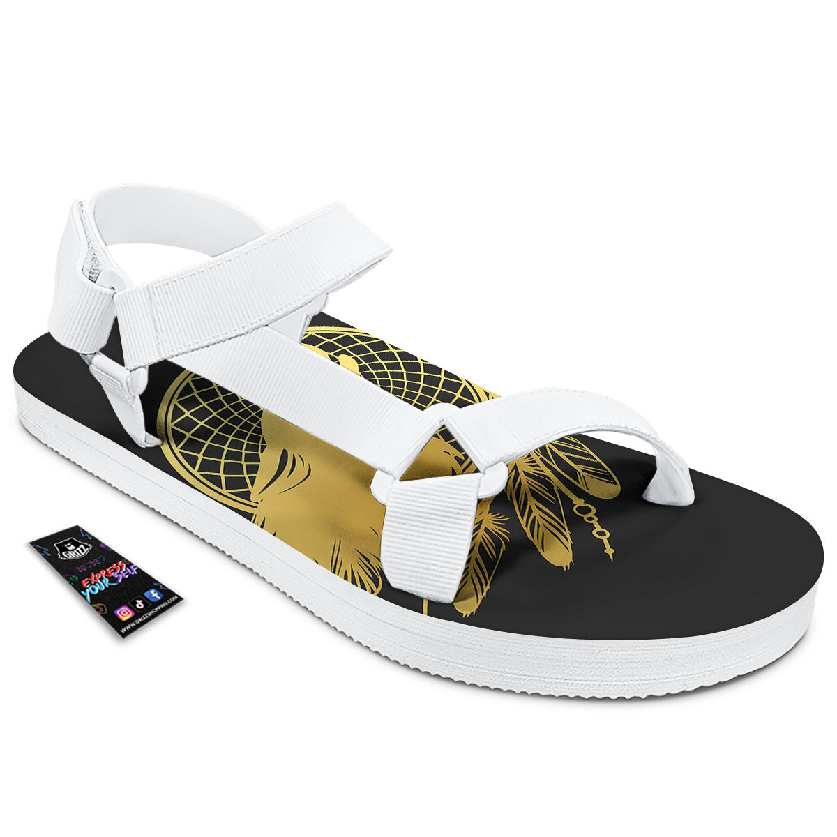 Howling Wolf Golden Bohemian Print White Open Toe Sandals-grizzshop
