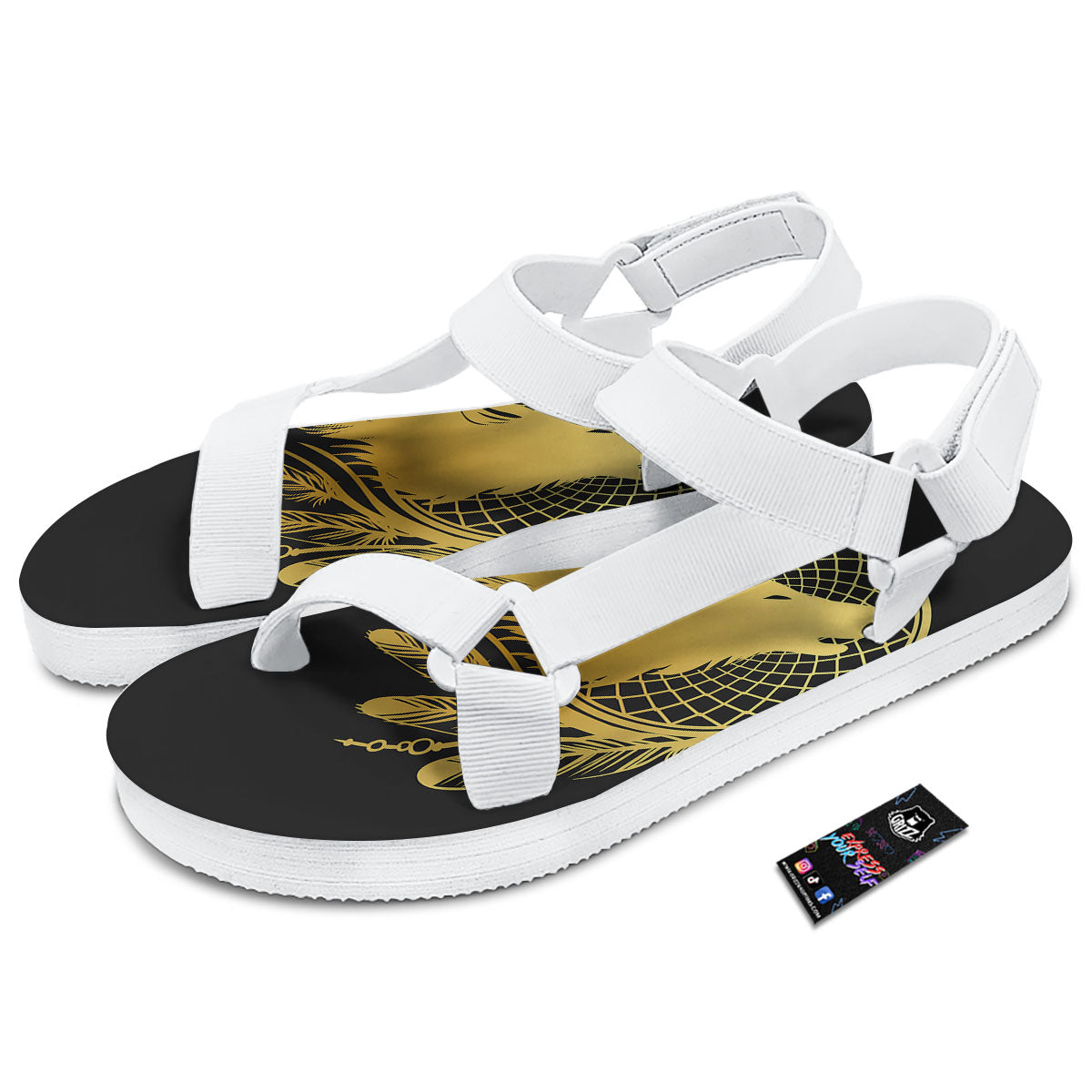 Howling Wolf Golden Bohemian Print White Open Toe Sandals-grizzshop