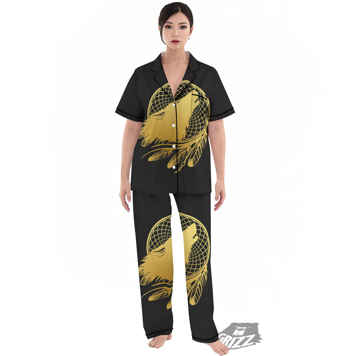 Howling Wolf Golden Bohemian Print Women's Pajamas Set-grizzshop
