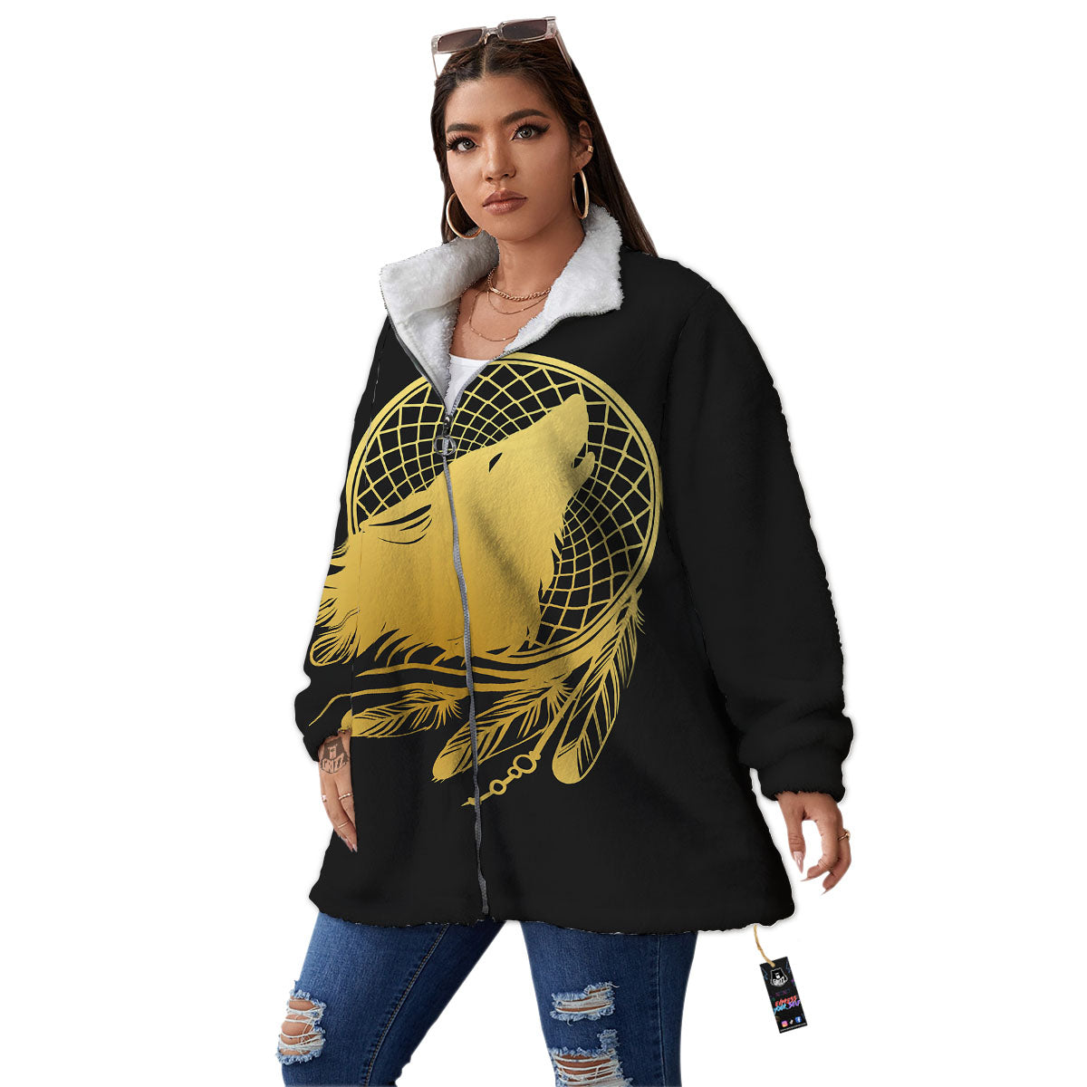 Howling Wolf Golden Bohemian Print Women's Sherpa Jacket-grizzshop