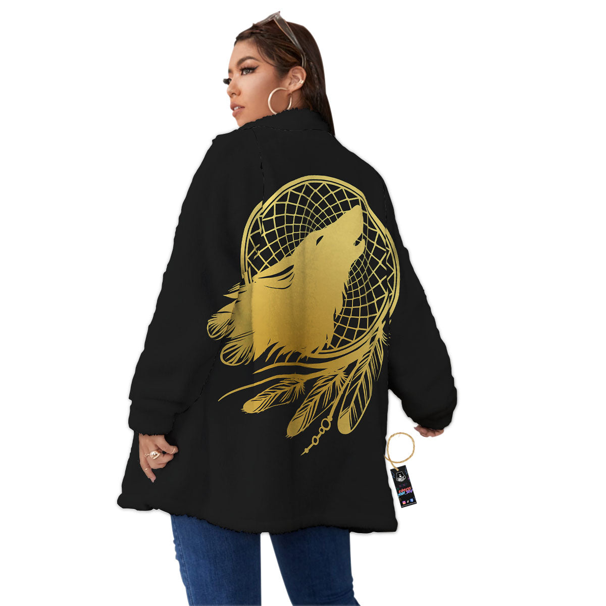 Howling Wolf Golden Bohemian Print Women's Sherpa Jacket-grizzshop