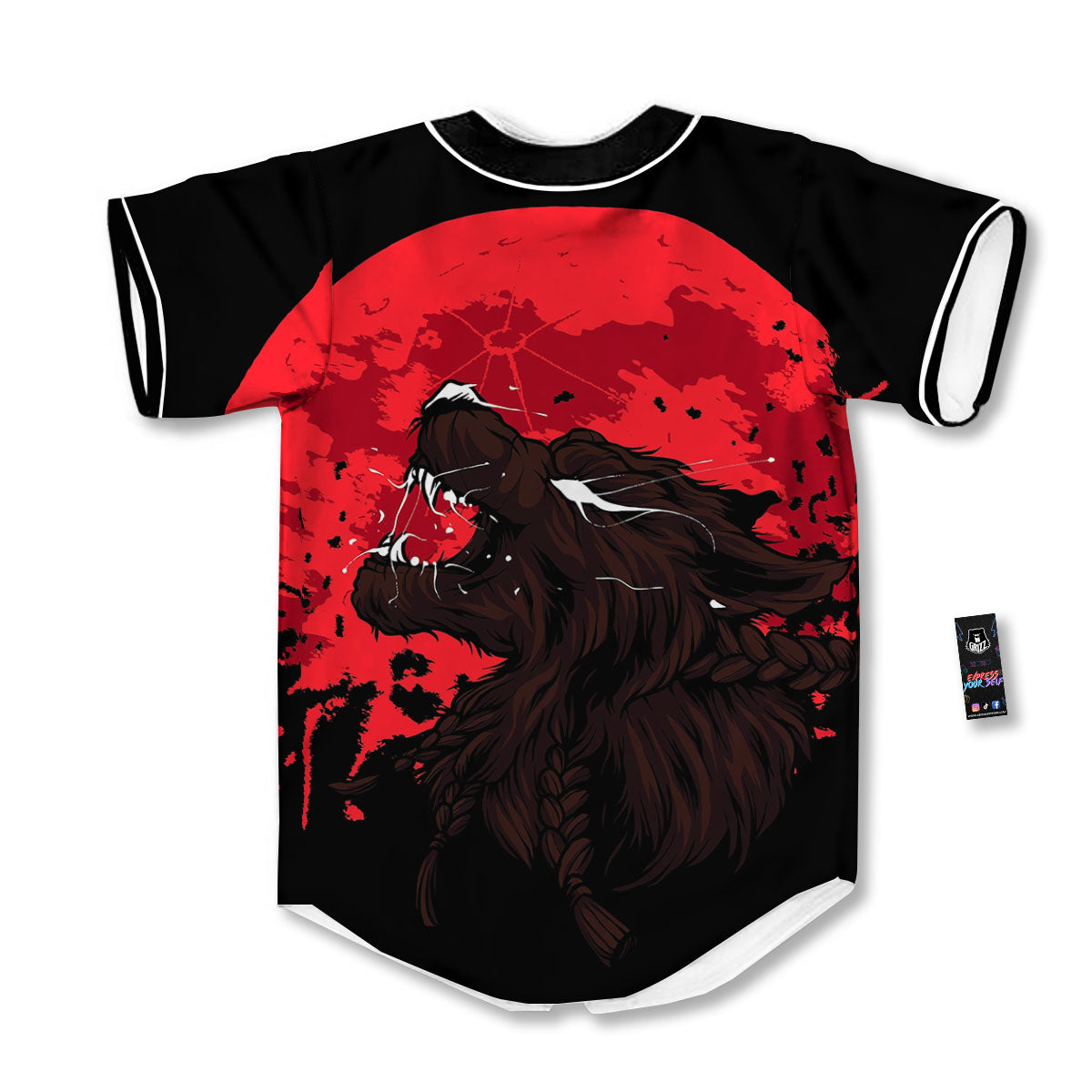 Howling Wolf Red Moon Print Baseball Jersey-grizzshop