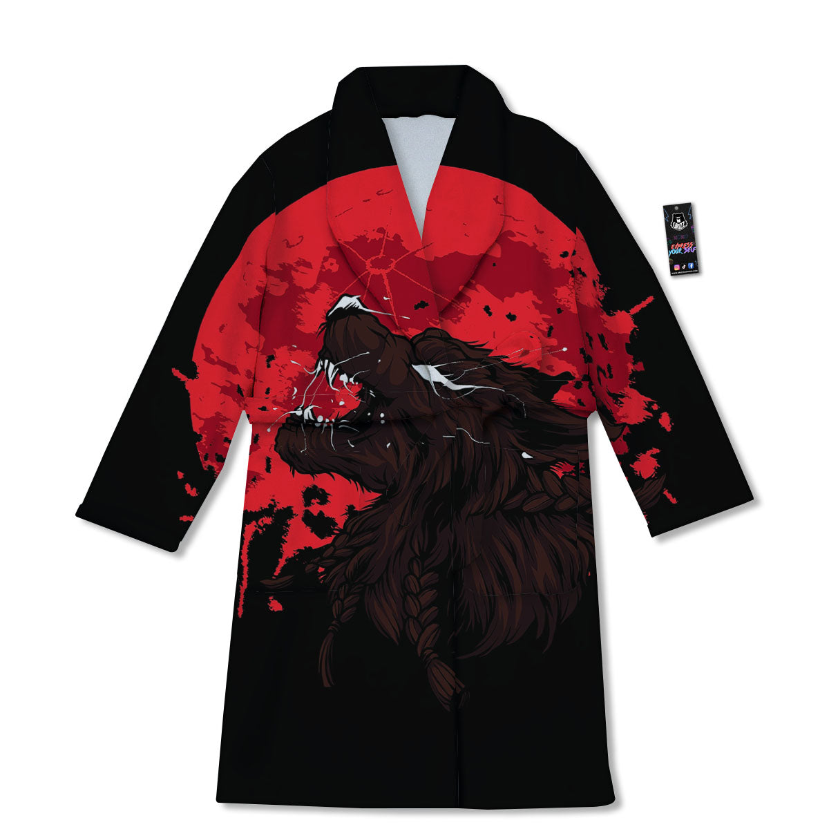 Howling Wolf Red Moon Print Bathrobe-grizzshop