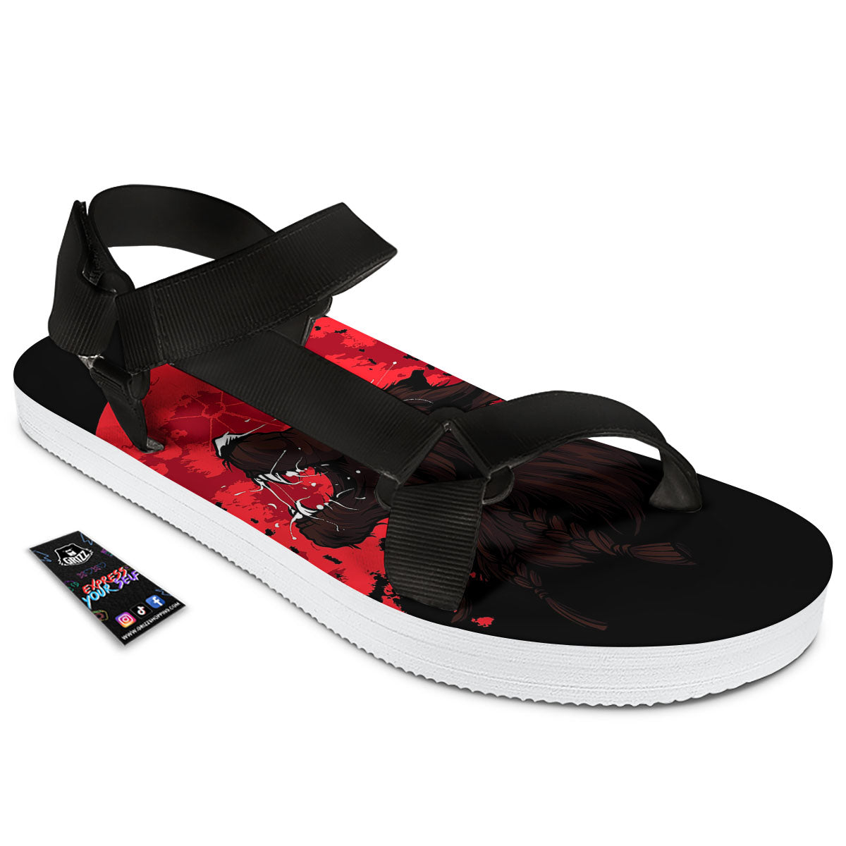 Howling Wolf Red Moon Print Black Open Toe Sandals-grizzshop