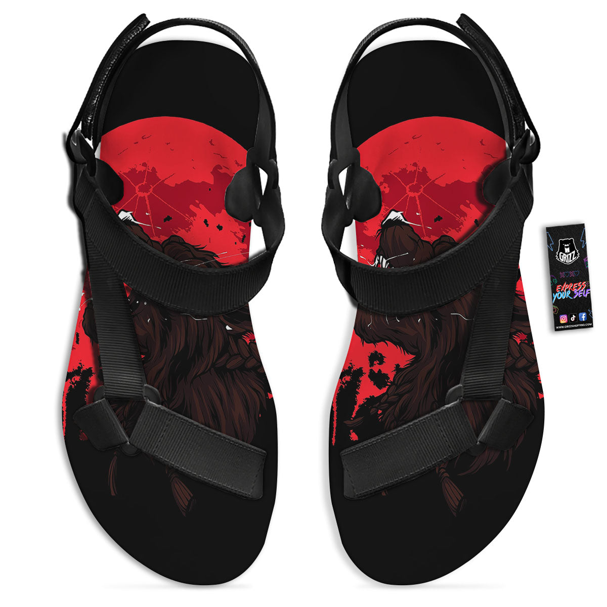 Howling Wolf Red Moon Print Black Open Toe Sandals-grizzshop