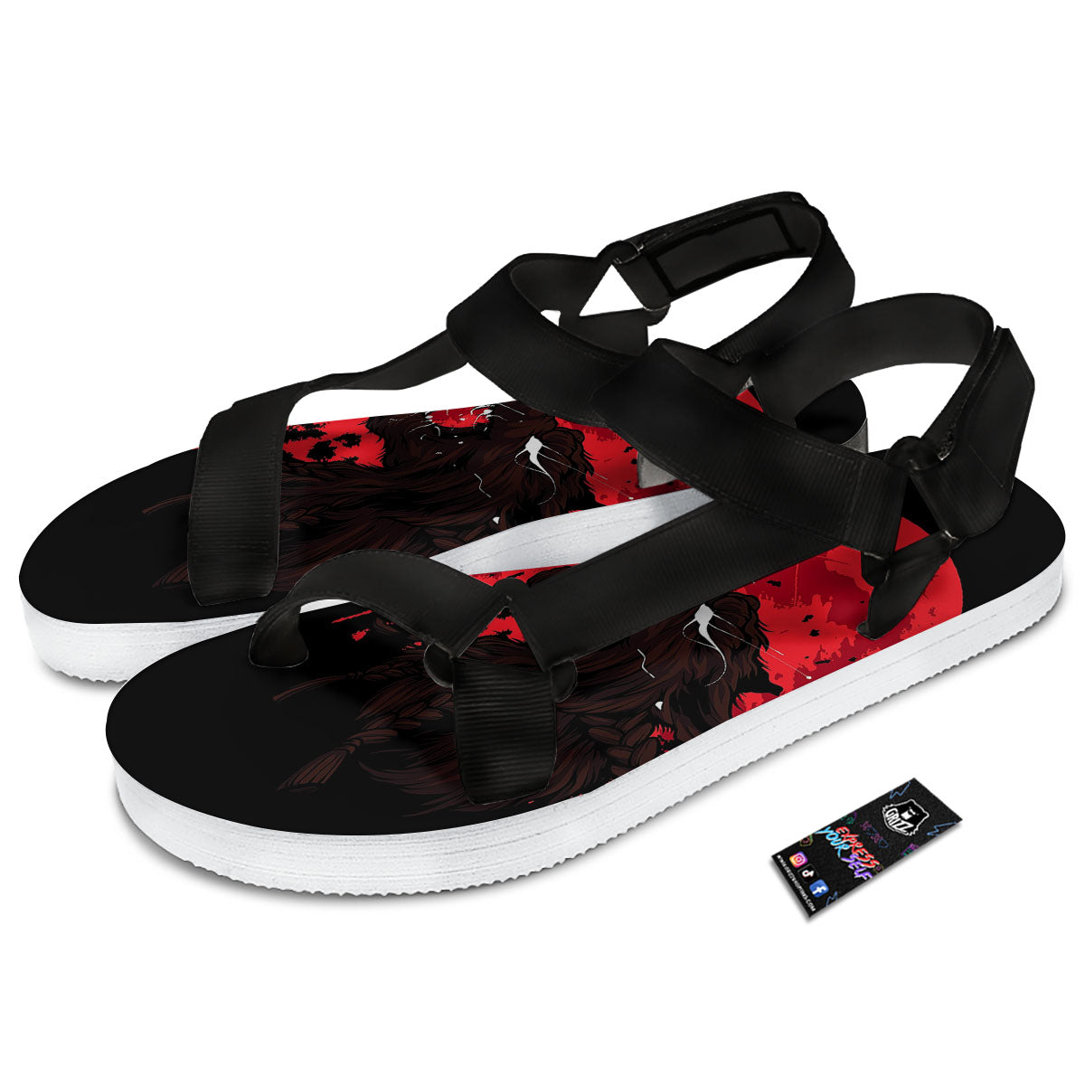 Howling Wolf Red Moon Print Black Open Toe Sandals-grizzshop