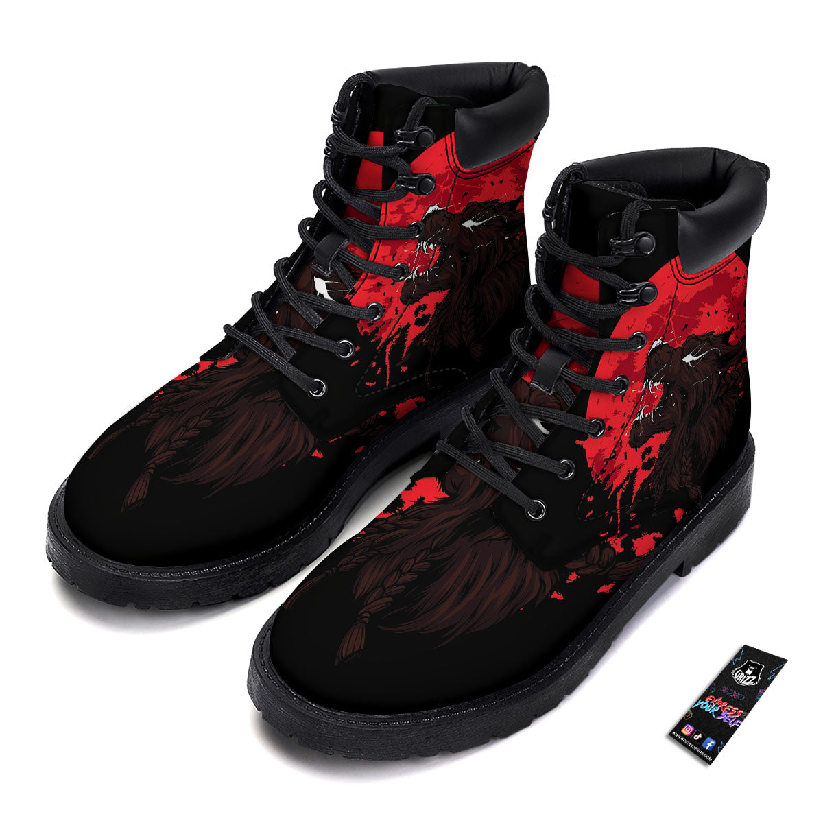 Howling Wolf Red Moon Print Boots-grizzshop