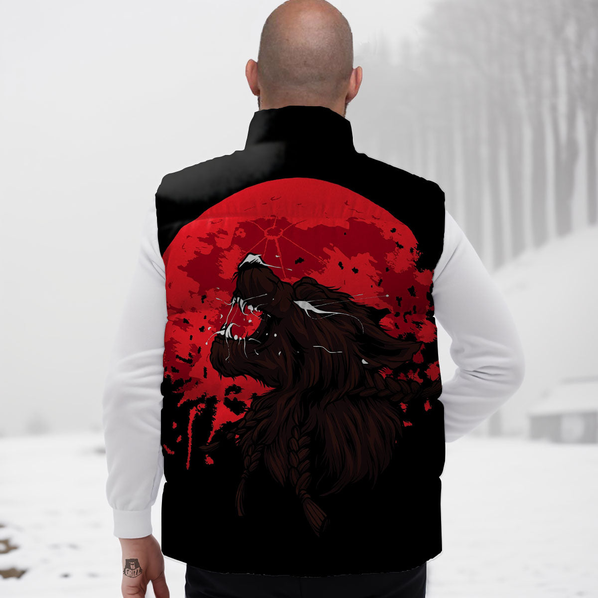 Howling Wolf Red Moon Print Down Vest