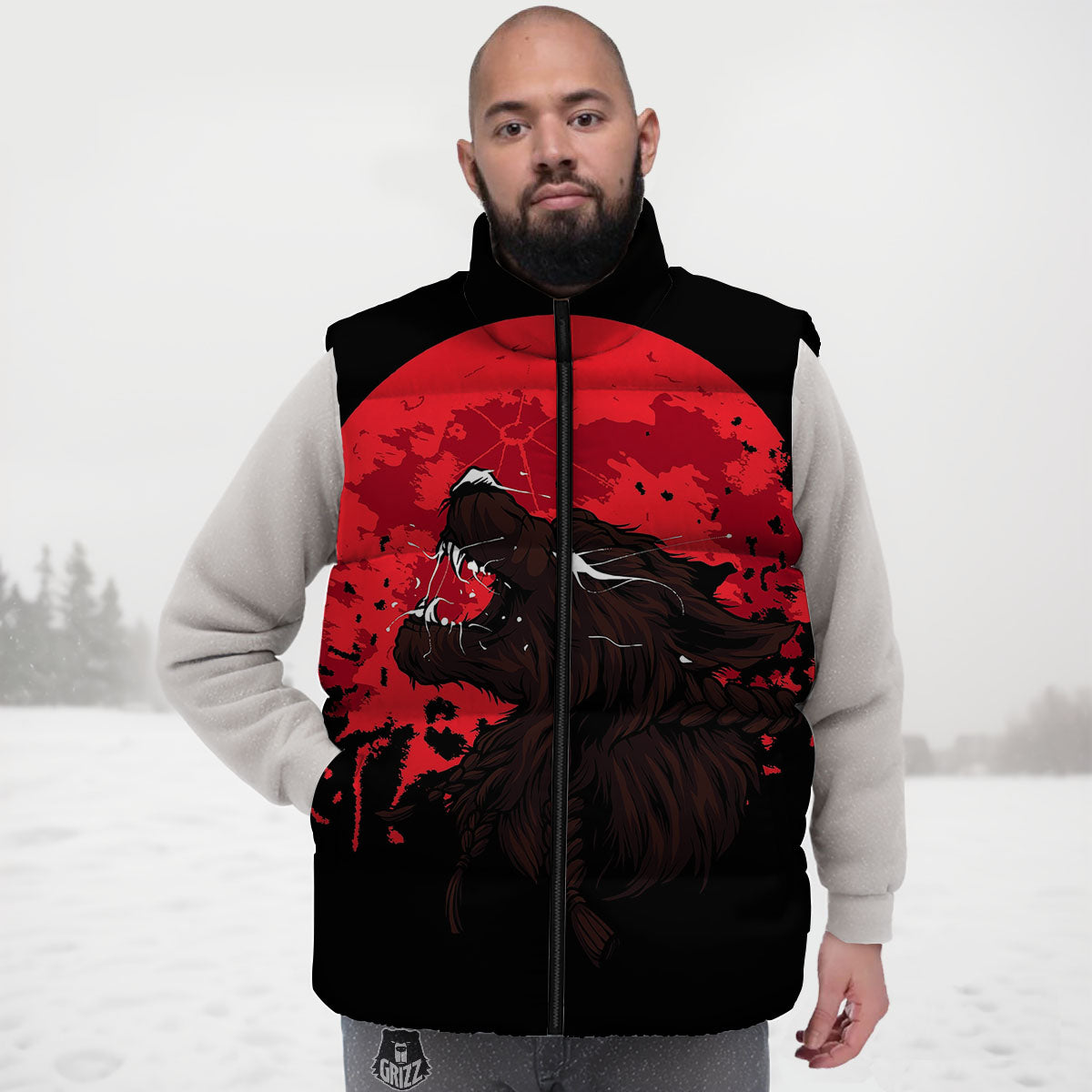 Howling Wolf Red Moon Print Down Vest